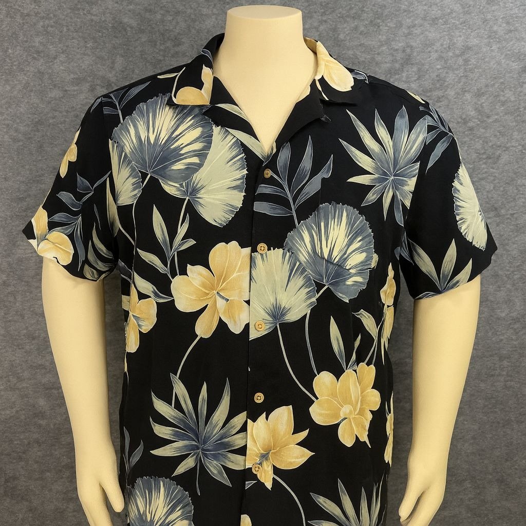 Jamaica Jaxx Mens Large Silk Hawaiian Shirt Black Floral Button-Up